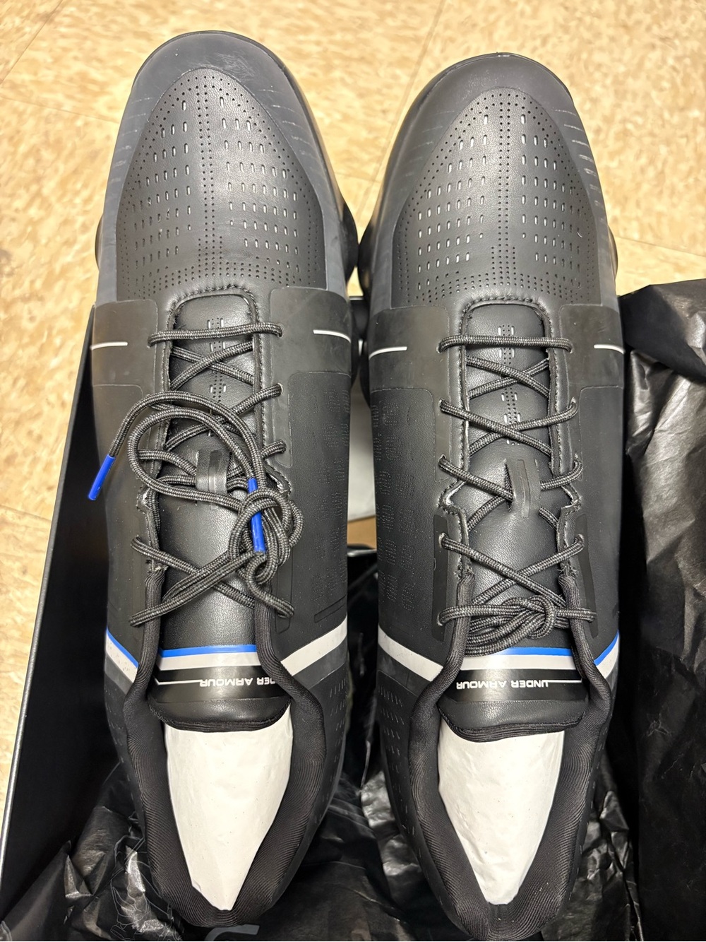 Under Armour Men’s Black Athletic Shoes with Blue and White Trim